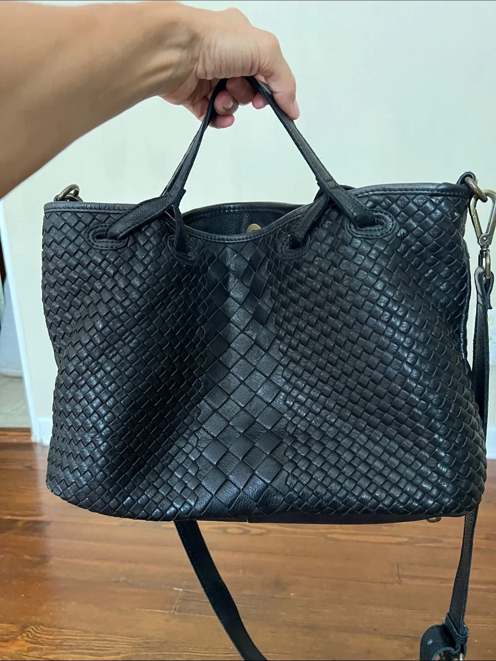Woven Shoulder Bag in Black with Adjustable Strap